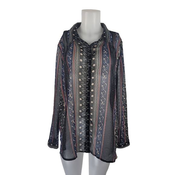 Free People Black Tan Floral Semi Sheer Long Sleeve Women's Blouse L - Picture 1 of 5